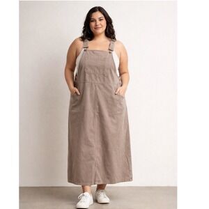 Faded Glory Overalls Dress Women's 18W Khaki Tan Cotton Jumper Midi 48"